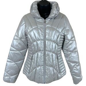 GUESS quilted pearlescent silver puffer jacket